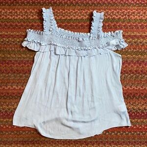 BABY BLUE RUFFLE COLD SHOULDER ANTHROPOLOGIE BLOUSE